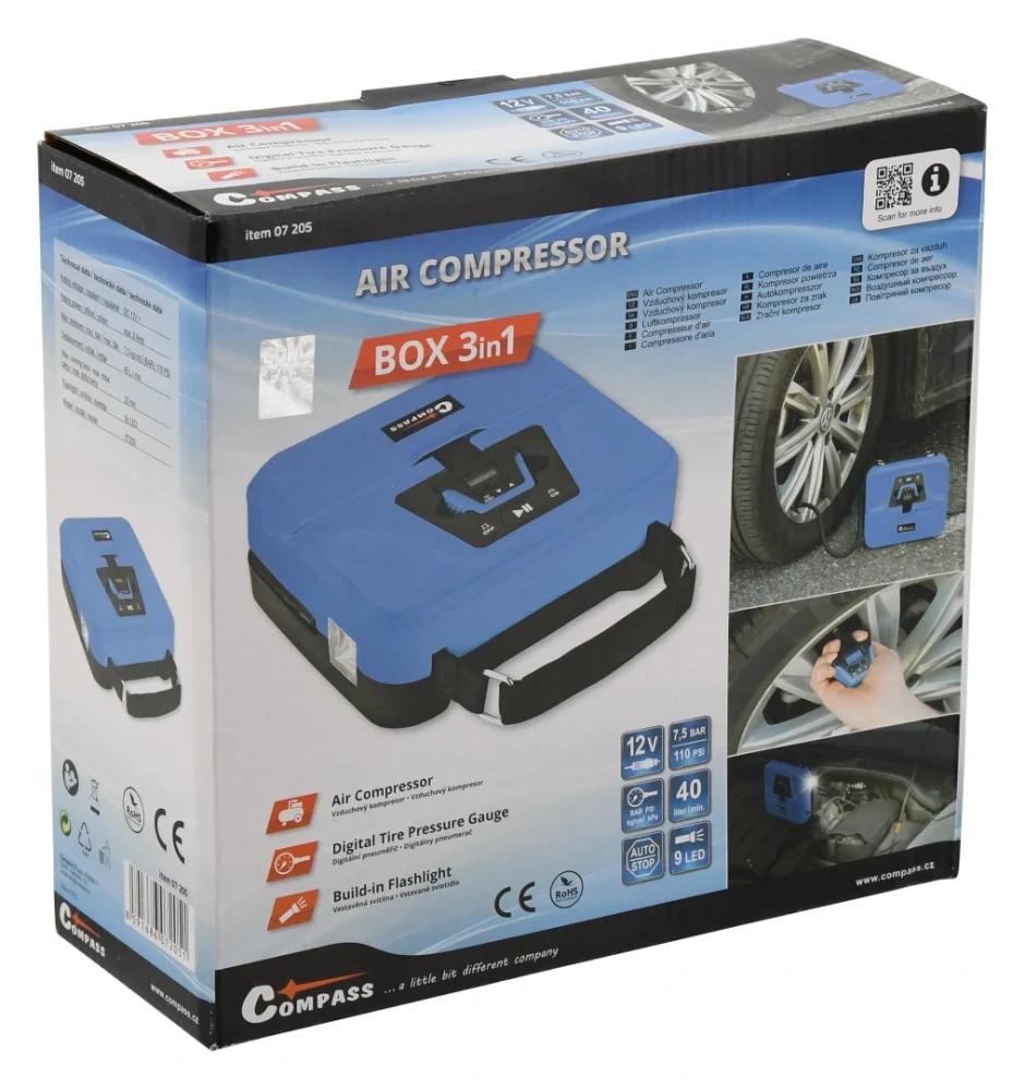 COMPASS vzduchový kompresor 12V BOX 3in1